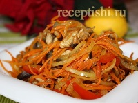 Теплый мясной салат с баклажанами и сладким перцем